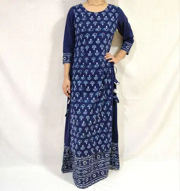블록 프린트풍 프린트 롱 원피스 인디고 블루