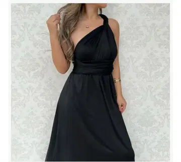 원숄더 블랙 맥시 드레스