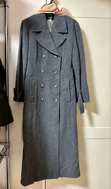 미사용 새상품 캐시미어 혼방 여성용 롱 코트 그레이 더블 브레스트