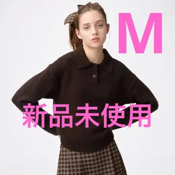 GU 퍼프 니트 피케 셔츠 M 다크 브라운 택 포함 미사용 새상품