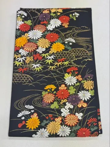 꽃무늬 후쿠로 오비 블랙 베이스 당초 무늬