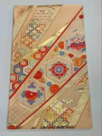 화려한 골드 컬러 후쿠로 오비 꽃무늬 럭셔리 순수 실크