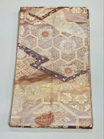 후쿠로 오비 골드 컬러와 브라운 기하학 패턴 럭셔리 순수 실크