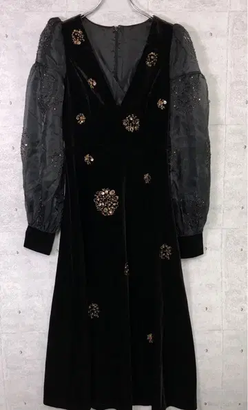 SUNYUER 레트로 오간자 시스루 소매 비즈 자수 벨로아 원피스