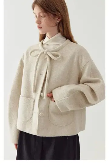 [ 중고 ] Fano Studios 노카라 자켓 리본 타이 울 코트