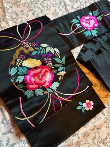 앤티크 나고야 오비 자수 오비 꽃 옥환 블랙 수자 다이쇼 로망
