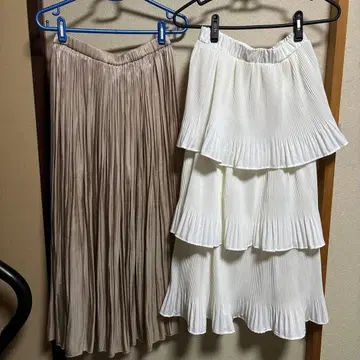 베이지 화이트 플리츠 스커트 2세트 M 사이즈