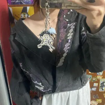 자수 장식 다크 그레이 오버사이즈 자켓 구제 의류 헤이세이 레트로 그런지