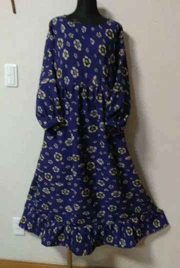 기모노 리메이크 꽃무늬 긴팔 원피스 (파랑)