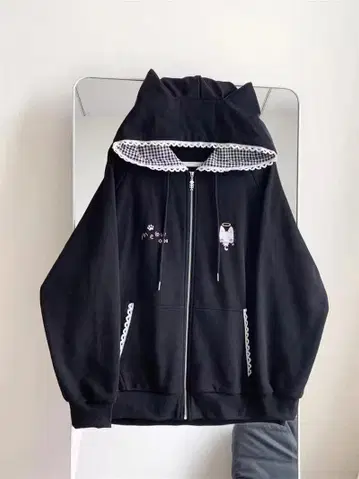 새상품급 블랙 고양이 귀 이치고 자수 귀여운 코트 후드티 가을/겨울