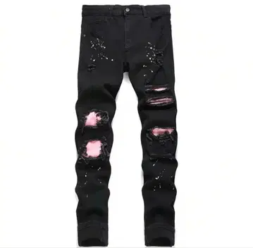 블랙 x 핑크 데미지 데님 팬츠 L US drill 데미지 데님 y2k