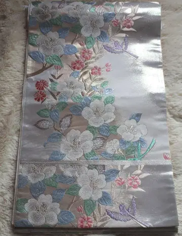 꽃무늬 자수 실버 오비 순수 실크