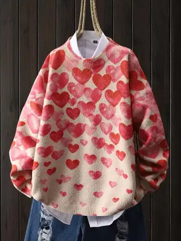 스웨터 니트 하트 무늬 여성용 크루넥 긴팔 크리스마스 L