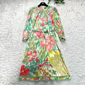 새상품급 레오나르 롱 원피스 꽃무늬 트리밍 올 패턴 리본 A라인 워셔블