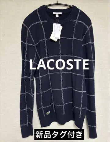 택 포함 새상품 LACOSTE 네이비 체크 무늬 울 니트 스웨터