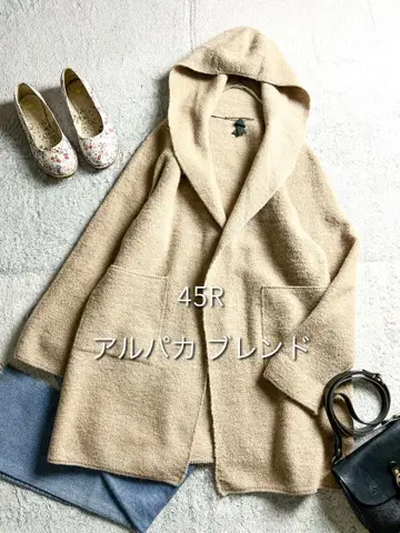 [ 45R ] 45rpm 알파카 울 융모 후드 코트 니트 코트 그레이지