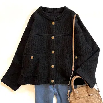 DOUDOU 멜란지 니트 자켓 블랙 골드 버튼