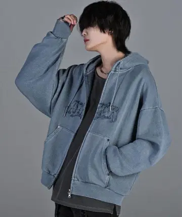 [ ADRER ] 헤비 웨이트 로고 세미 숏 빈티지 더블 지퍼 후드티