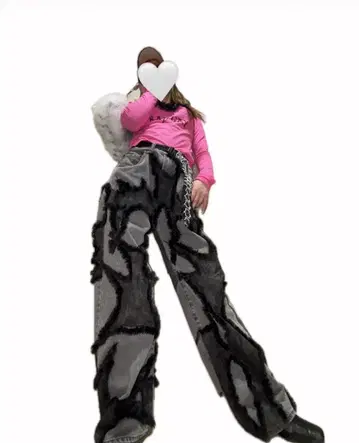 프린지 장식 그레이 와이드 레그 데님 팬츠