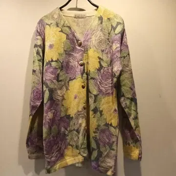 [일본제] 꽃무늬 라메 금 니트 가디건 마 혼방