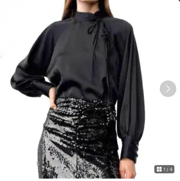 ZARA 새틴 리본 타이 블라우스 퍼프 슬리브 차이나풍 스타일리시