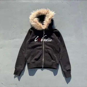 9090girl 퍼 후드티 i bestie 퍼 장식 집업 후드티