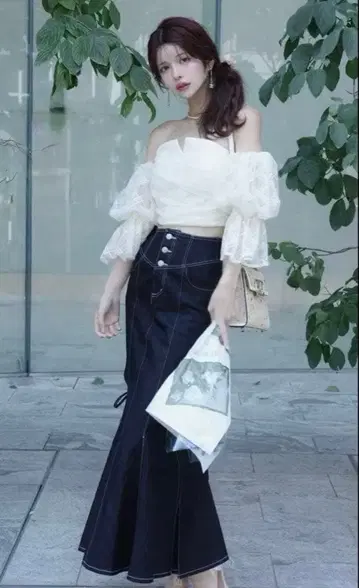 Randy M 사이즈 컷 아웃 머메이드 데님 스커트