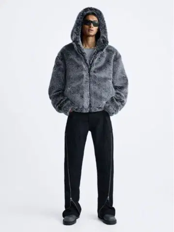 ZARA 후드 부착 퍼 자켓 그레이