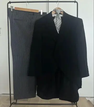 블랙 모닝 수트 스트라이프 팬츠 넥타이 베스트 세트 결혼식 아버지