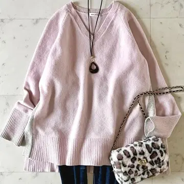 인기 노리즈 울 캐시미어 V넥 니트 38 핑크 긴팔 루즈핏