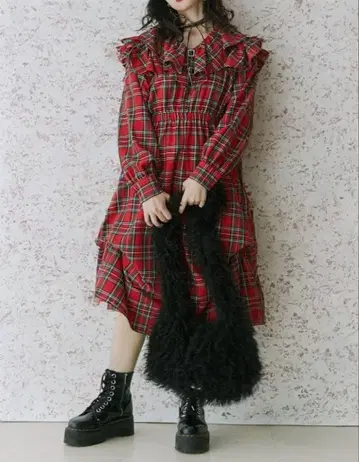 2024AW jouetie 숄더 프릴 벨트 롱 체크 원피스 M