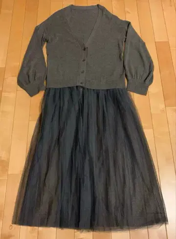 FINES 튤 부착 롱 가디건 그레이 38