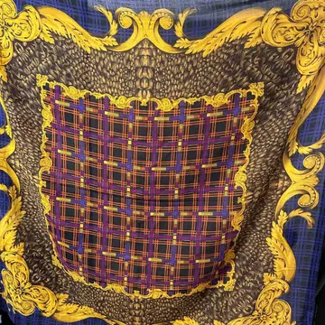 이탈리아제 디자인 스톨 골드 컬러 장식 체크 무늬 대형 울 실크