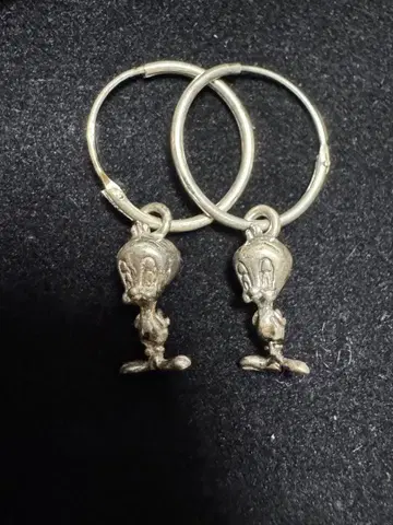 레어! 빈티지! Tweety Bird 925 각인 실버 후프 귀걸이