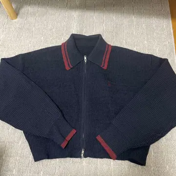 네이비/레드 리브 스웨터 M 사이즈 라인 카라 지퍼 블루종