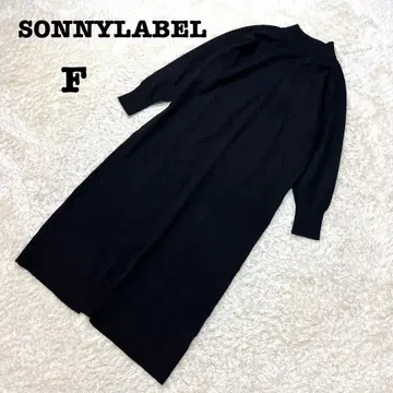 써니 라벨 니트 원피스 퍼프 슬리브 하이넥 슬릿 심플