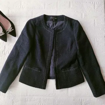 [INDIVI] [인디비] 노카라 자켓 네이비 트위드 라메