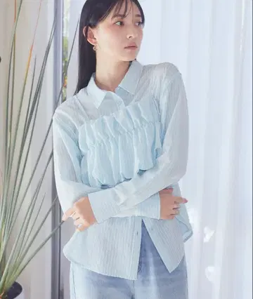 SET 2점 기모 스트라이프 셔츠 + 벌룬 뷔스티에