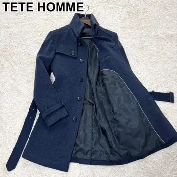 TETE HOMME 롱 코트 스텐카라 코트 울 네이비 벨트