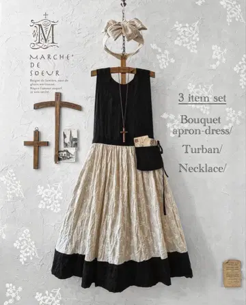 부케 자수 에이프런 드레스 3세트 블랙 x 아이보리 부케 자수 작가님