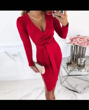 빨간색 랩 드레스 긴팔 허리 리본