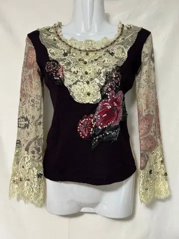 SUPER BEAUTY 스팽글 레이스 꽃무늬 긴팔 니트