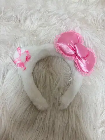 리본 포함 귀 머리띠 화이트 핑크
