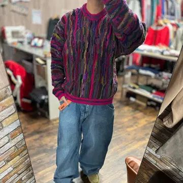 COOGI SS L 상당 구제 의류 멀티 컬러 뜨개질 크루넥 스웨터