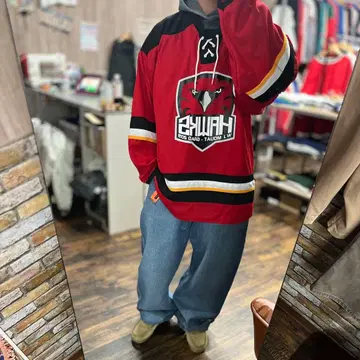 HAWKS 후드 부착 스포츠 웨어 아이스하키 게임 셔츠 구제 의류 L