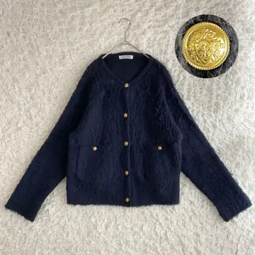 [ 알파카 혼방 ] BABYLONE 샤기 니트 가디건 네이비 골드 버튼
