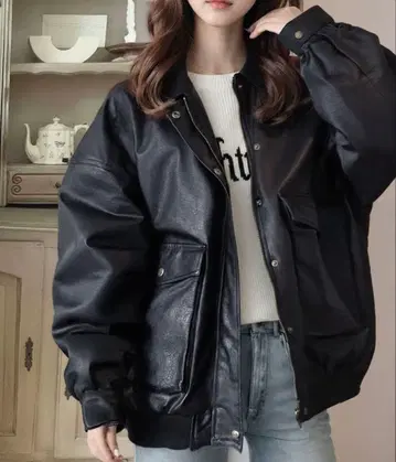 java 페이크 가죽 빈티지 오버 사이즈 블루종