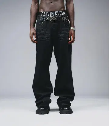 ANDER HUNK 블랙 와이드 레그 데님 인디고 블루