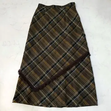 빈티지 트위드 체크 무늬 바이어스 프린지 롱 스커트 울