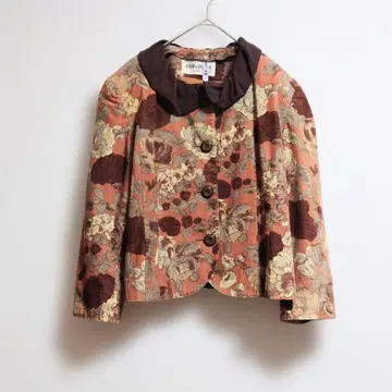 b 빈티지 레트로 코듀로이 꽃무늬 올 패턴 노카라 자켓 프릴